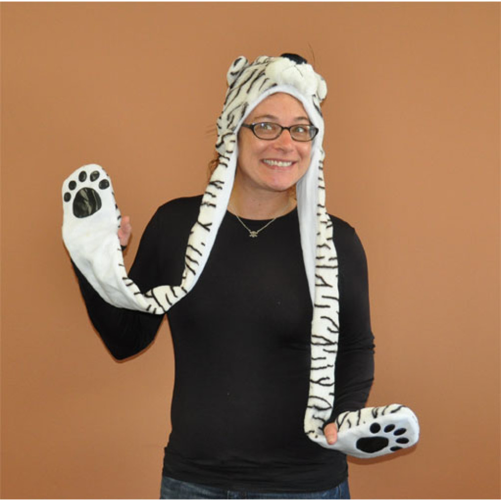 LONG DOUBLE SIDED ANIMAL HAT - WHITE/BLACK TIGER (1 PIECE)