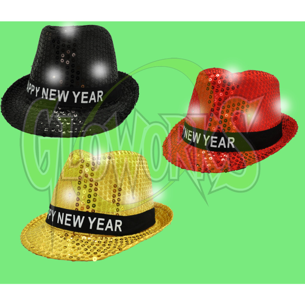 HAPPY NEW YEAR FLASHING FEDORA HATS - ASSORTED COLORS (1 PIECE)