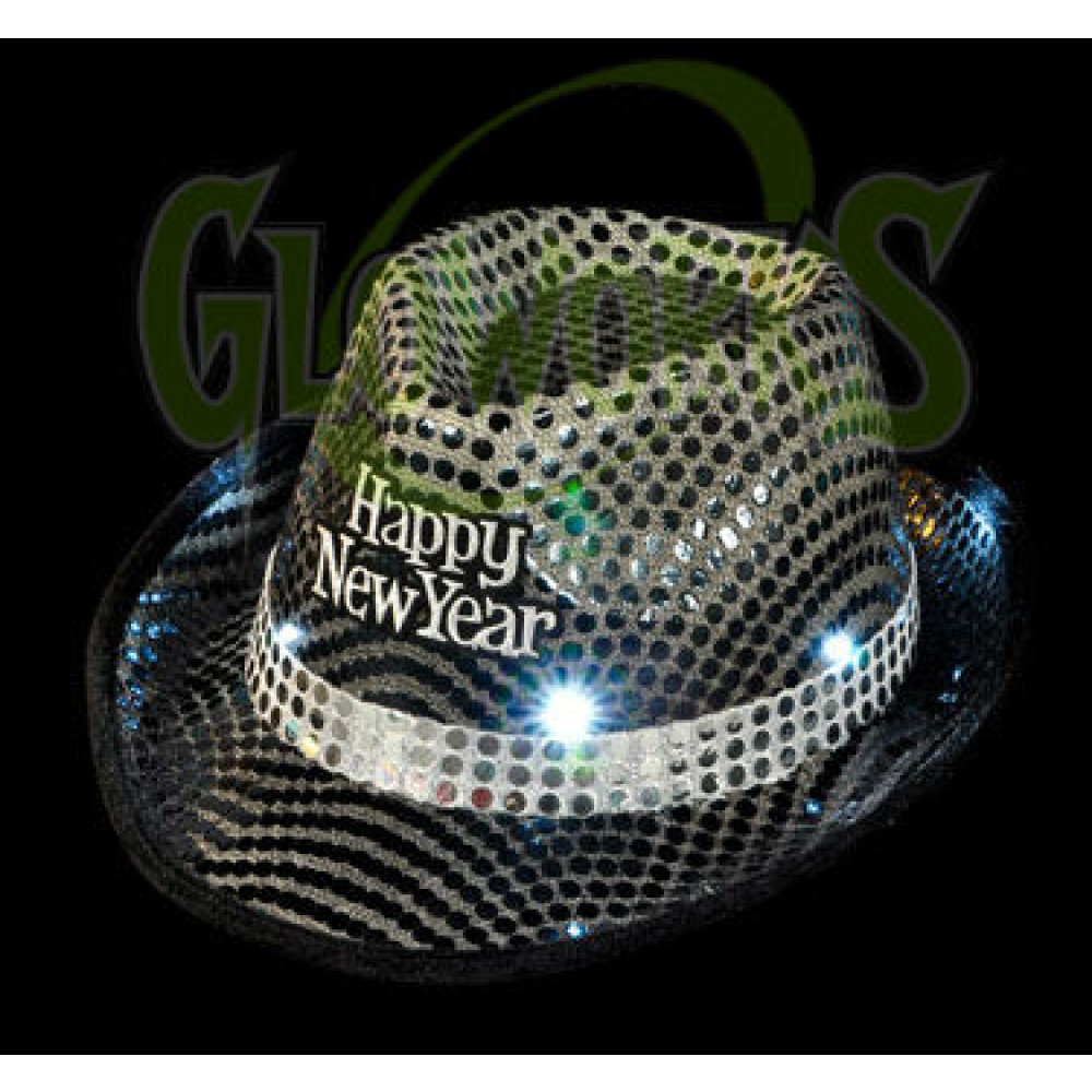 ASSORTED COLOR FLASHING SEQUIN FEDORA HAT WITH HAPPY NEW YEAR PATCH (1 PIECE)