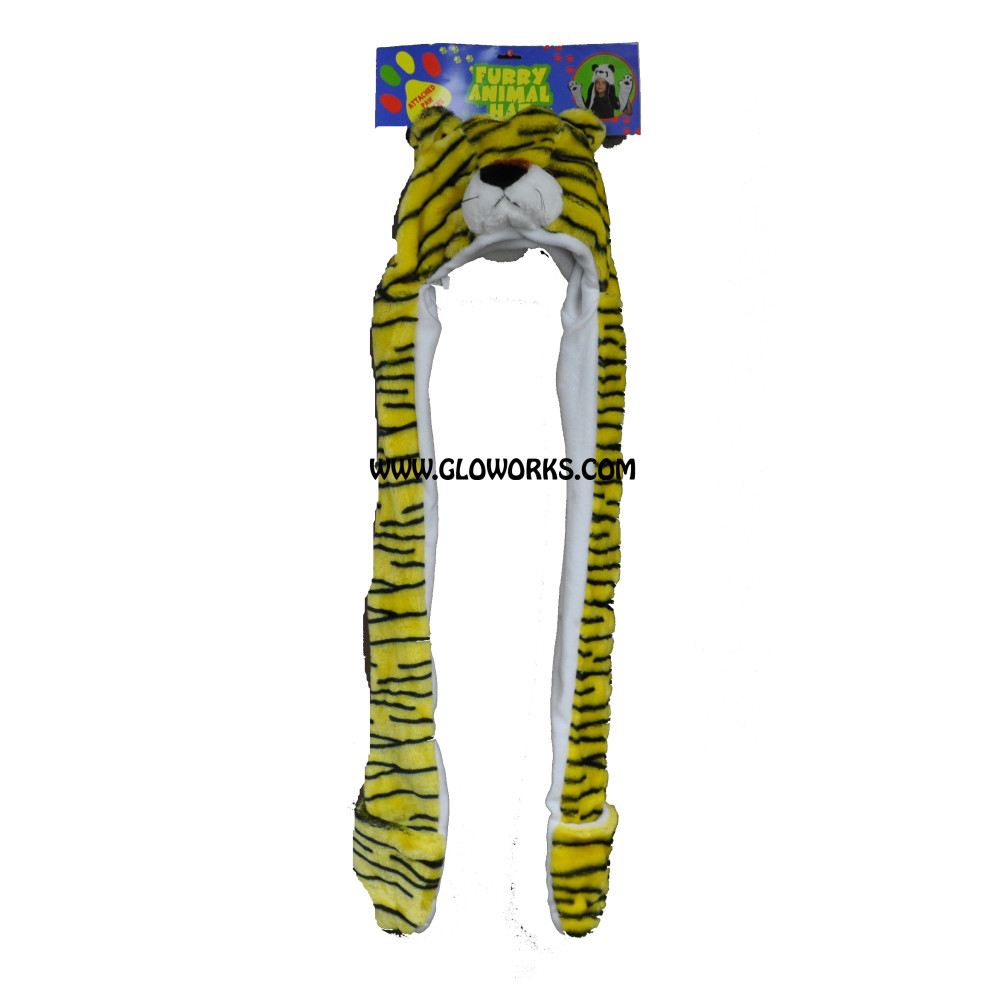 LONG DOUBLE SIDED ANIMAL HAT - YELLOW/BLACK TIGER (1 PIECE)