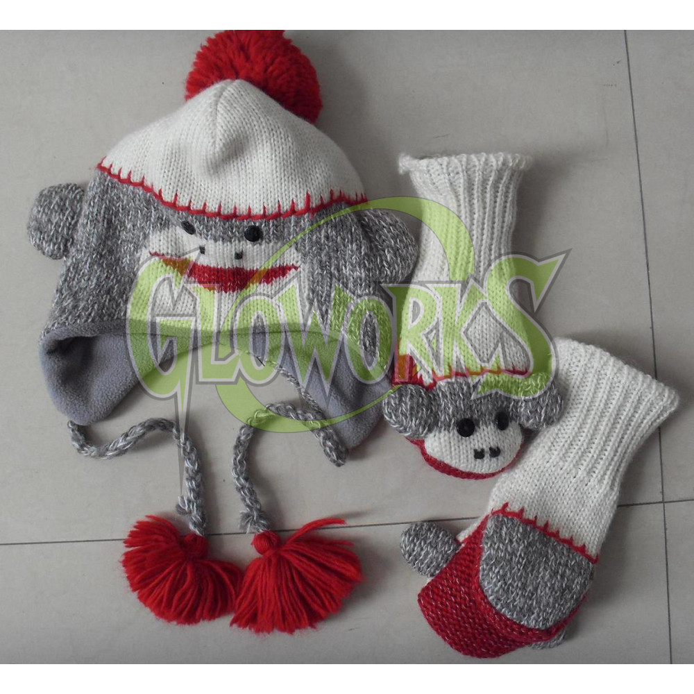 WOOL KNIT SOCK MONKEY ANIMAL HAT WITH GLOVES (1 SET)