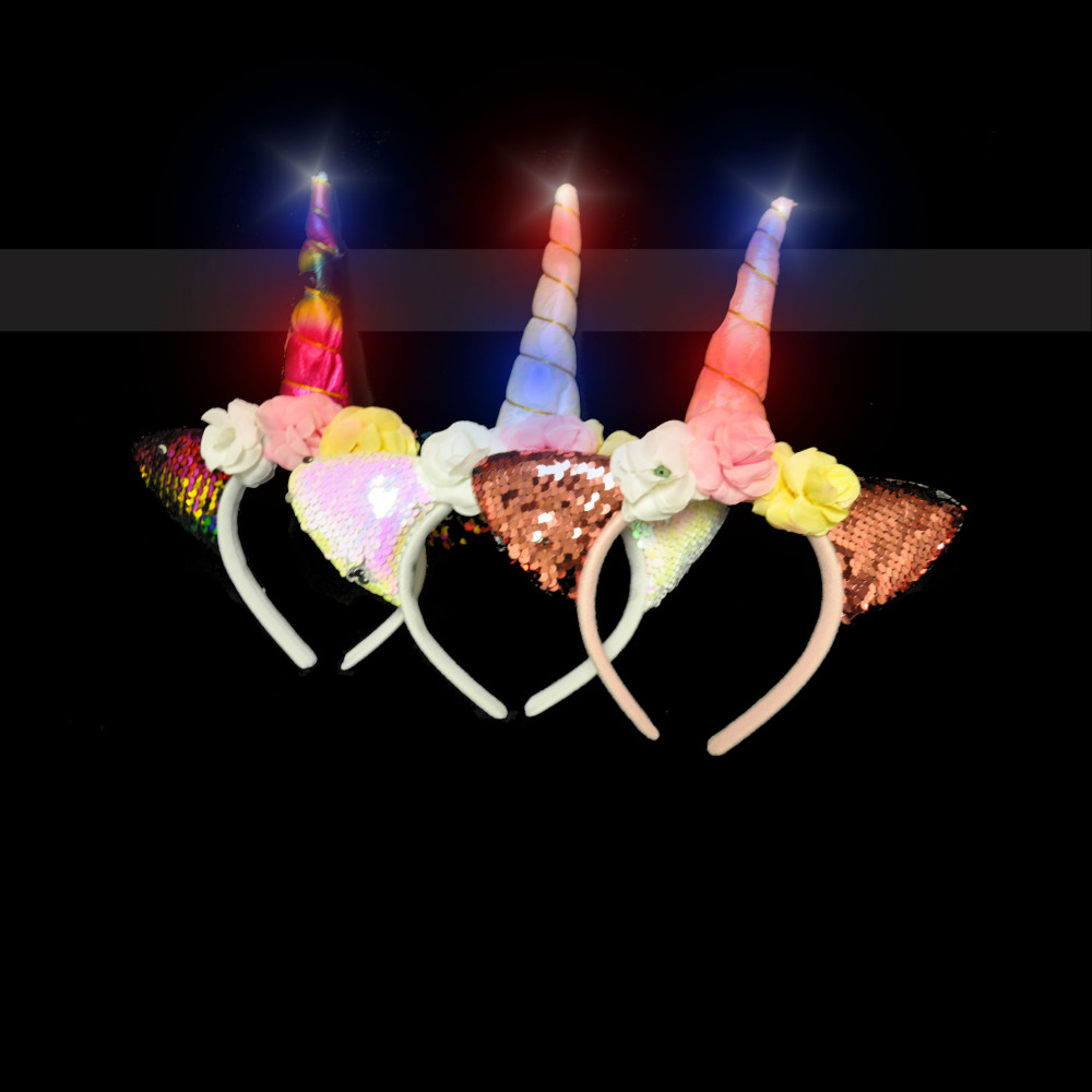 LED FLIP SEQUIN UNICORN HEADBAND WITH FLOWERS (1 PIECE)