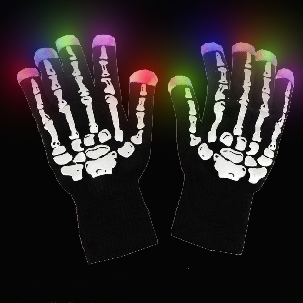 BLACK GLOVES SKULL BONE PRINT WITH FLASHING FINGERTIPS (1 PAIR)