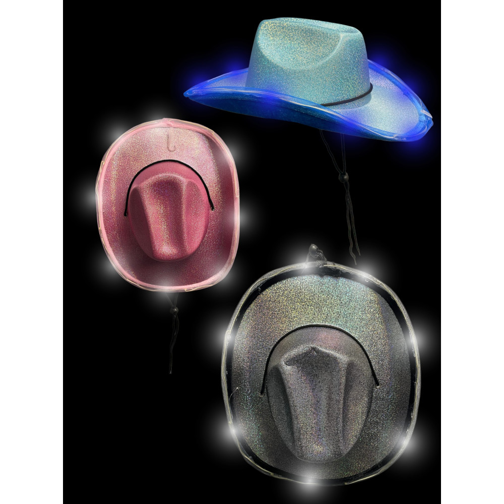 LED IRIDESCENT COWGIRL HAT WITH LIGHTS ON BRIM - ASST. COLORS (1 PIECE)