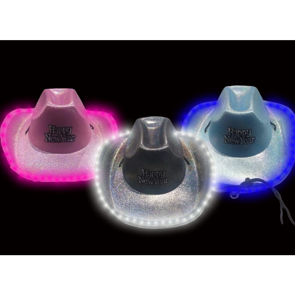 HAPPY NEW YEAR LED IRIDESCENT COWGIRL HAT WITH LIGHTS ON BRIM  - ASST. COLORS (1 PIECE)