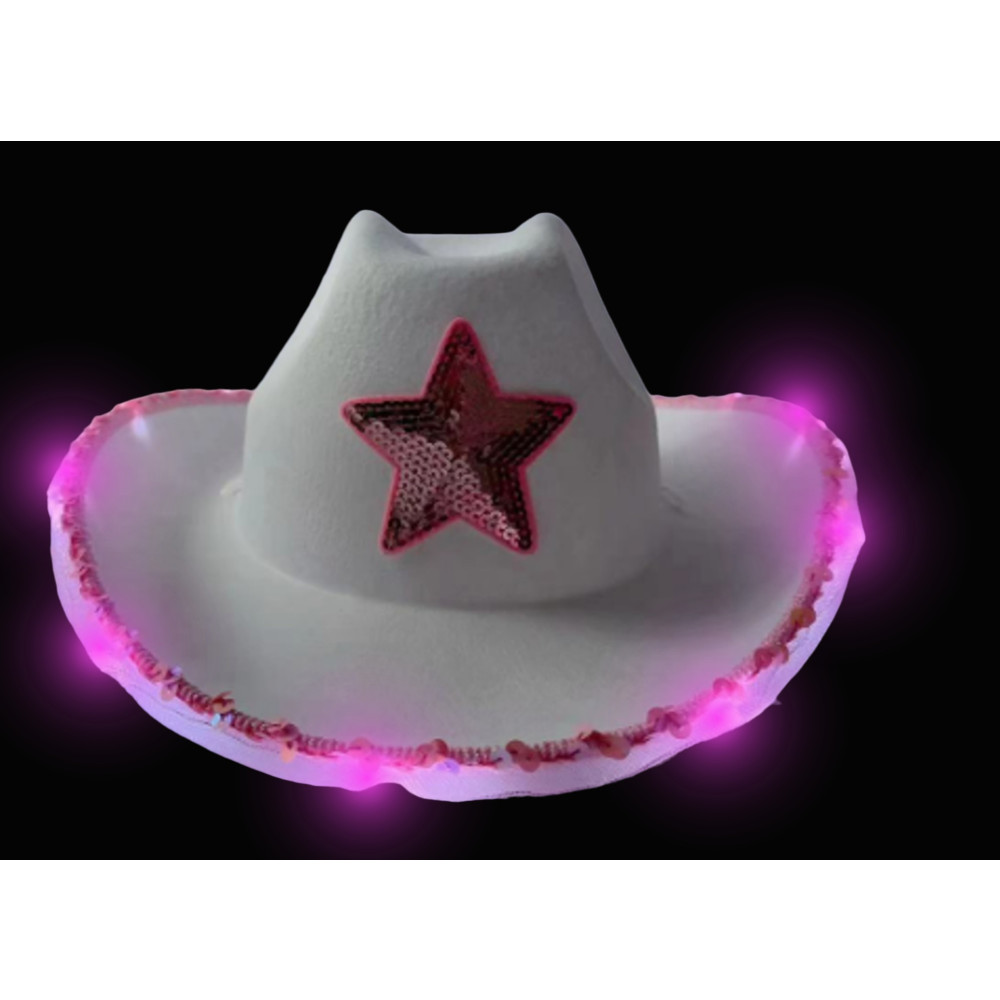LED FLASHING WHITE COWBOY HAT WITH PINK STAR, PINK SEQUIN BRIM (1 PIECE)