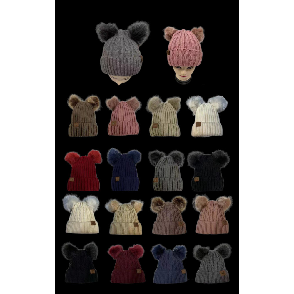 ASSORTED COLOR DOUBLE FUR POM KNIT WINTER HAT (1 PIECE)