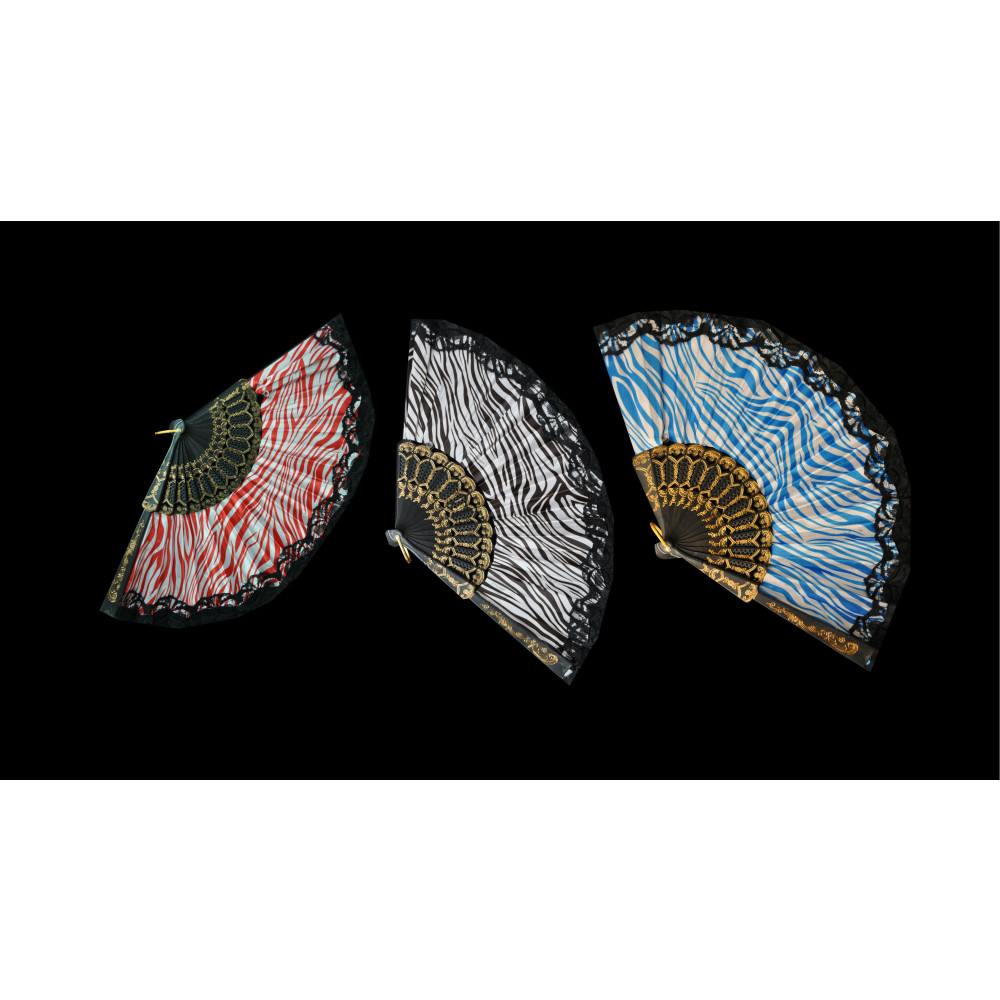 ASSORTED ZEBRA PRINT FANS WITH BLACK LACE TRIM(1 PIECE)