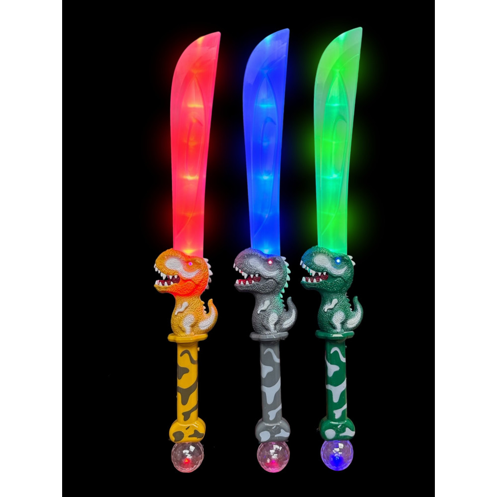 ASSORTED STYLE DINOSAUR HANDLED MULTI-COLOR LED FLASHING SWORD W/ SOUND AND PRISMATIC BALL (1 PIECE) 