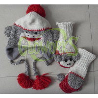 WOOL KNIT SOCK MONKEY ANIMAL HAT WITH GLOVES (1 SET)