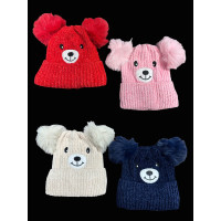 ASSORTED COLOR KIDS BEAR BEANIE WITH DOUBLE POM POM (1 PIECE)