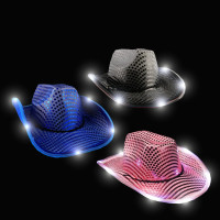 LED SEQUINED COWGIRL HAT WITH LIGHTS ON RIM - ASST. COLORS (1 PIECE)