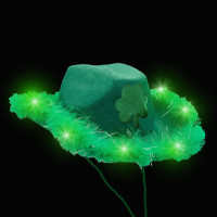 LED FLASHING GREEN COWBOY HAT WITH CLOVER AND FEATHER BRIM (1 PIECE)