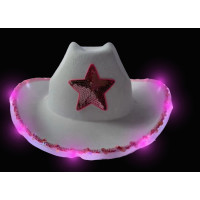 LED FLASHING WHITE COWBOY HAT WITH PINK STAR, PINK SEQUIN BRIM (1 PIECE)